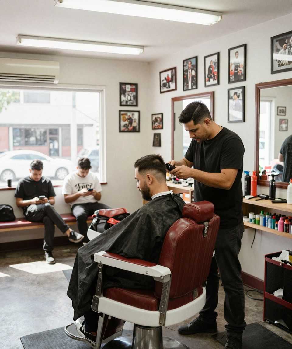 A barber giving a client a fade in a busy neighborhood barbershop while two customers wait